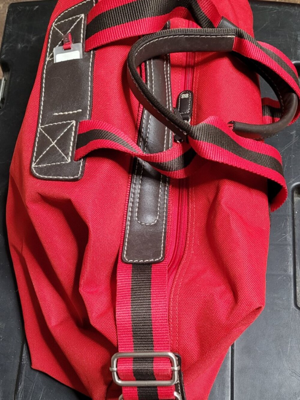 LANCEL Paris Red Canvas & Leather Trim Duffle Travel Bag